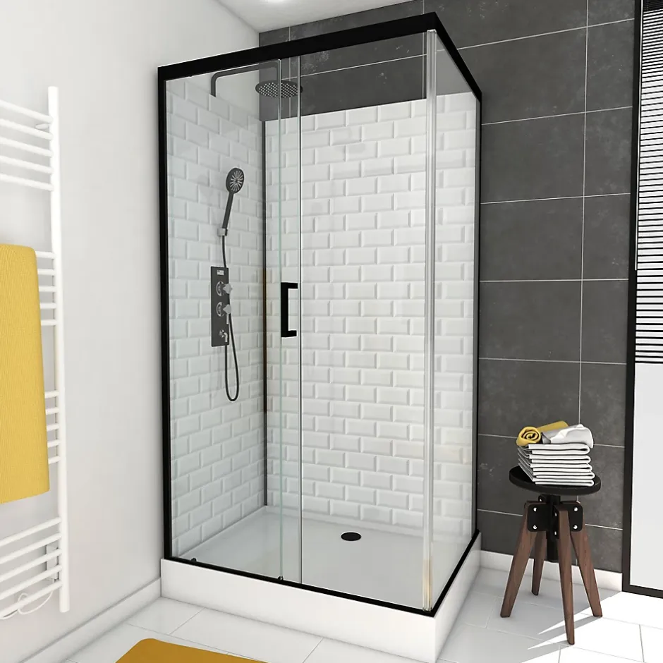 Cabine de douche L.80 x L.110 x H.230 cm – fond effet métro, douchette anticalcaire, style noir & blanc, Galedo Metro* Cabine De Douche