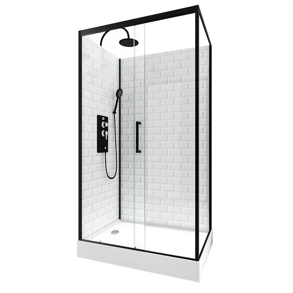 Cabine de douche L.80 x L.110 x H.230 cm – fond effet métro, douchette anticalcaire, style noir & blanc, Galedo Metro* Cabine De Douche