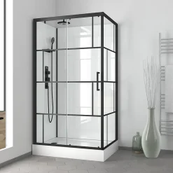 Galedo Cabine de douche l.80 x L.110 x H.215 cm – sérigraphie graphic, design noir & blanc effet verrière, Graphic* Cabine De Douche