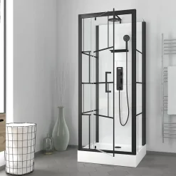 Galedo Cabine de douche l.80 x L.80 x H.213 cm – sérigraphie graphic, porte pivotante, design noir & blanc effet verrière, Graphic