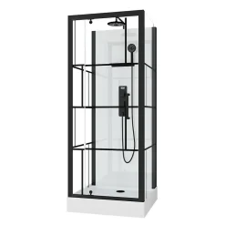 Galedo Cabine de douche l.80 x L.80 x H.213 cm – sérigraphie graphic, porte pivotante, design noir & blanc effet verrière, Graphic