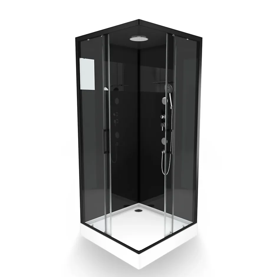 Galedo Cabine de douche l.90 x L.90 x H.230 cm – design noir, hydromassante, miroir intégré, portes coulissantes, Mirror 2 Square