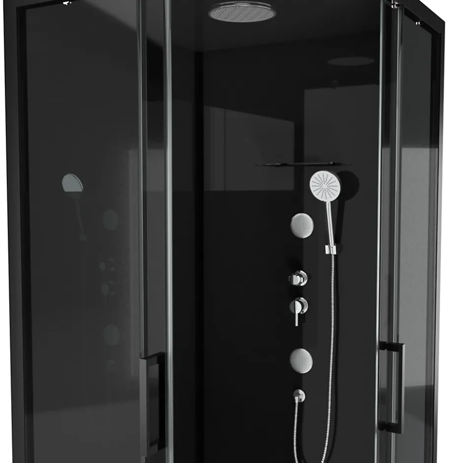 Galedo Cabine de douche l.90 x L.90 x H.230 cm – design noir, hydromassante, miroir intégré, portes coulissantes, Mirror 2 Square
