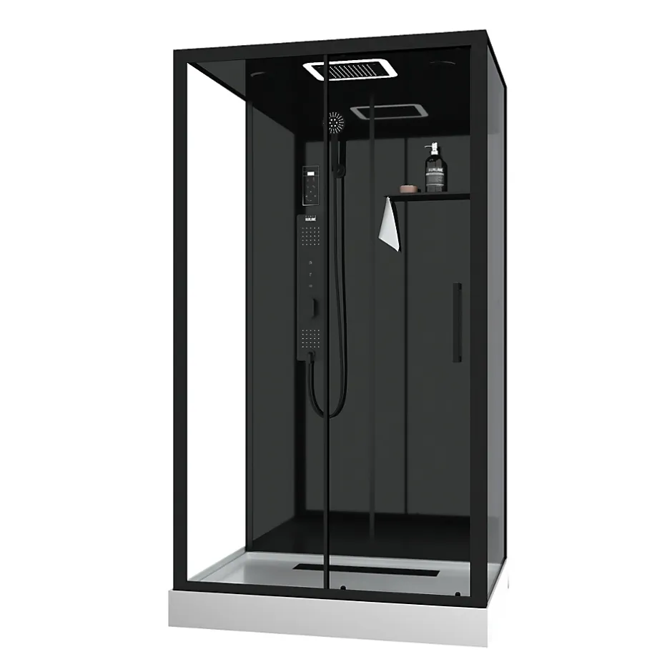 Galedo Cabine de douche l.115 x L.90 x H.220 cm – hydromassante connectée, Bluetooth, noir & blanc, plafond lumineux, Aura* Cabine De Douche