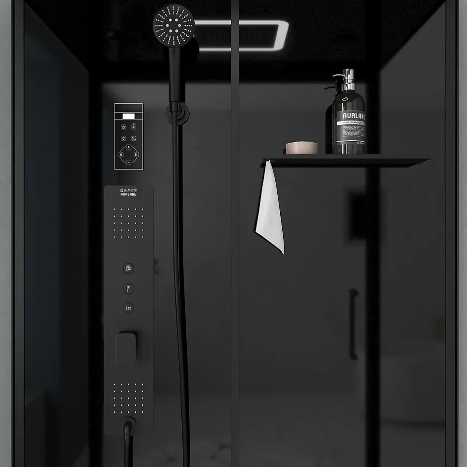 Galedo Cabine de douche l.115 x L.90 x H.220 cm – hydromassante connectée, Bluetooth, noir & blanc, plafond lumineux, Aura* Cabine De Douche