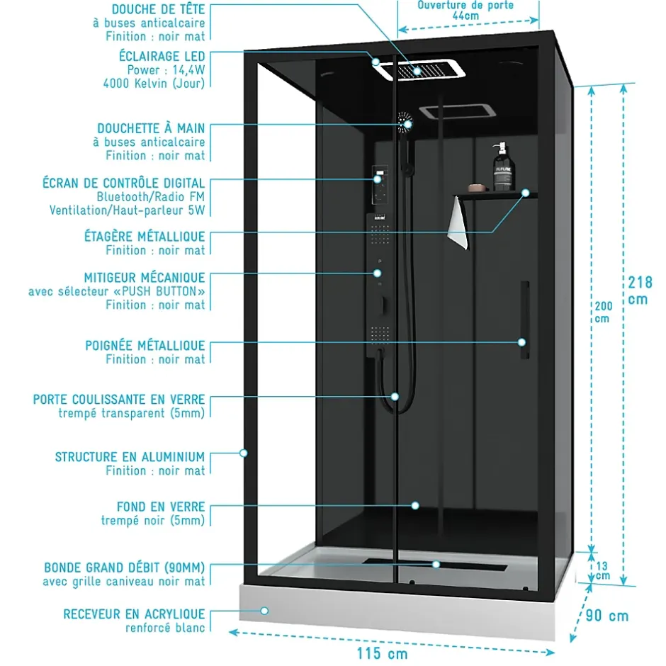 Galedo Cabine de douche l.115 x L.90 x H.220 cm – hydromassante connectée, Bluetooth, noir & blanc, plafond lumineux, Aura* Cabine De Douche