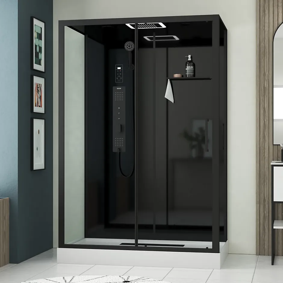 Galedo Cabine de douche l.85 x L.140 x H.218 cm – XXL, hydromassante connectée, Bluetooth, noir & blanc, Aura