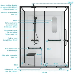 Galedo Cabine de douche l.85 x L.160 x H.200 cm – colonne thermostatique, noir & blanc, siège, large ouverture, Access 2* Cabine De Douche Pmr|Cabine De Douche
