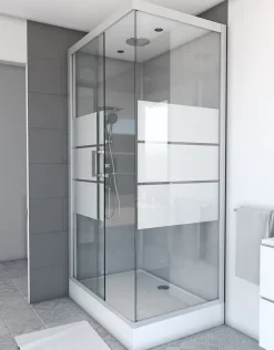 Galedo Cabine de douche l.80 x L.110 x H.215 cm – structure gris métal, sérigraphie 3 bandes, porte coulissante, River 2