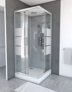 Galedo Cabine de douche l.90 x L.90 x H.215 cm – structure effet chrome, fond gris, sérigraphie 3 bandes, River 2 Square