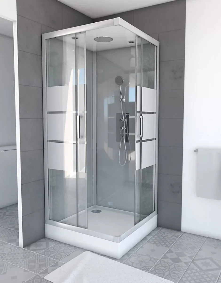 Galedo Cabine de douche l.90 x L.90 x H.215 cm – structure effet chrome, fond gris, sérigraphie 3 bandes, River 2 Square