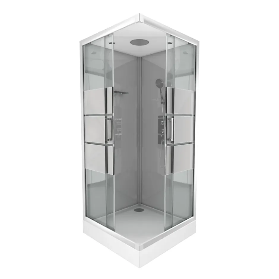 Galedo Cabine de douche l.90 x L.90 x H.215 cm – structure effet chrome, fond gris, sérigraphie 3 bandes, River 2 Square