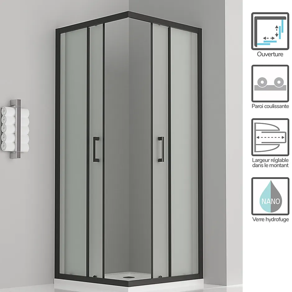 Saniverre Cabine de douche LANABLACK H.180 cm portes coulissantes verre 6 mm opaque 70 x 70 cm -* Cabine De Douche