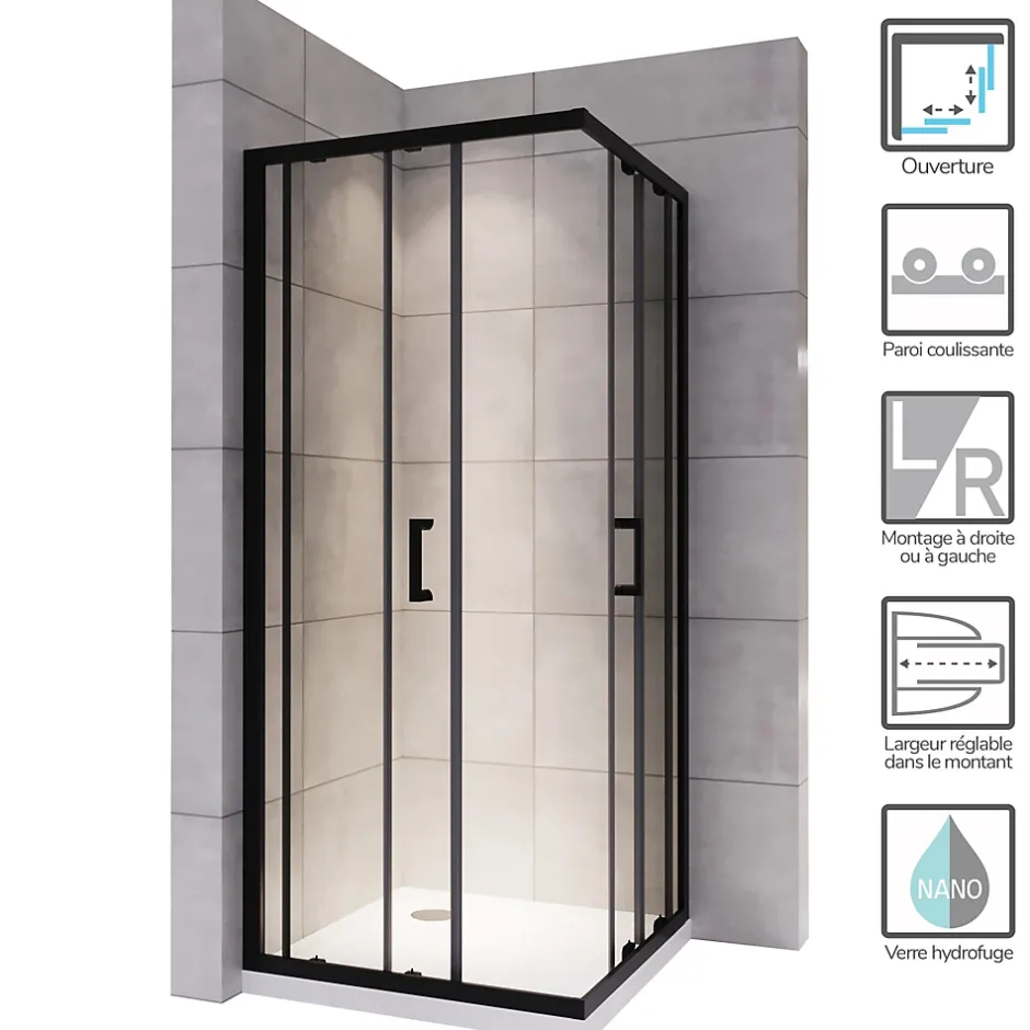 Saniverre Cabine de douche LANABLACK H.190 cm portes coulissantes verre 6 mm transparent 90 x 100 cm -