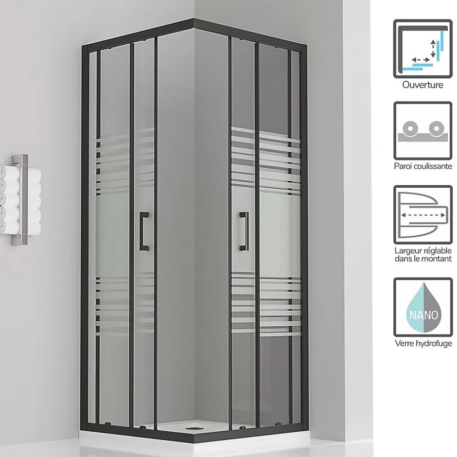 Saniverre Cabine de douche LANABLACK H.180 cm portes coulissantes verre 6 mm semi-opaque 80 x 80 cm -* Cabine De Douche