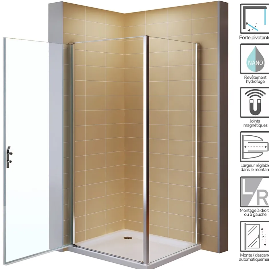 Saniverre Cabine de douche NIKY H.195 cm porte pivotante verre 8 mm transparent 90 x 90 cm -