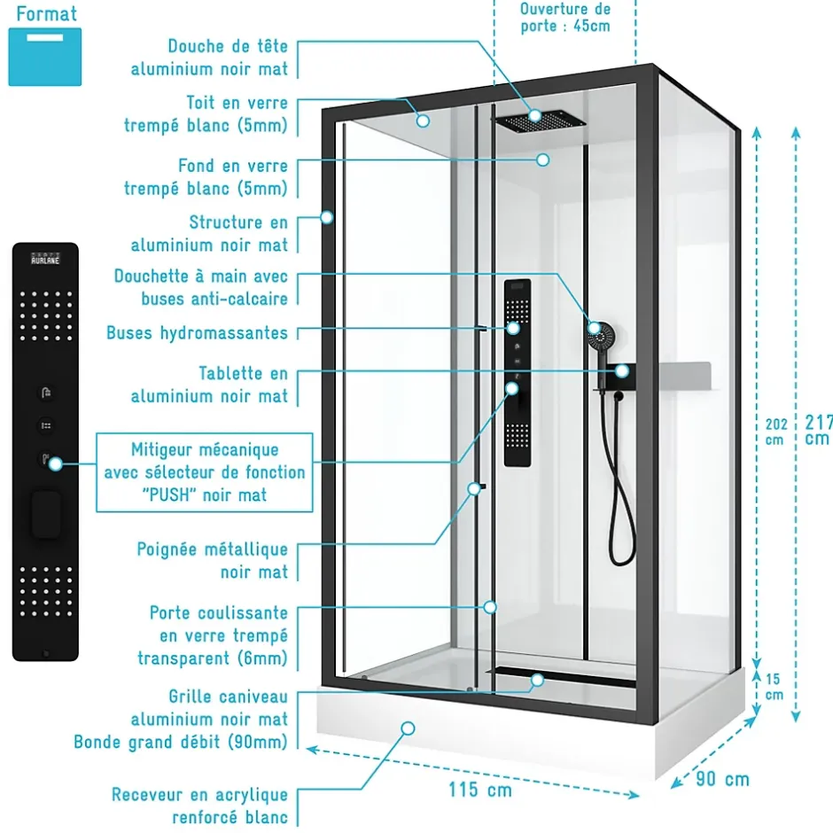 Aurlane Cabine de douche RECTANGLE - 90x115x217 cm - FACTORY 2 RECTANGLE* Cabine De Douche