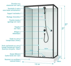 Aurlane Cabine de douche rectangulaire 110x80x197 cm - Porte coulissante - Fonds Blancs & Profilés Noir Mat* Cabine De Douche