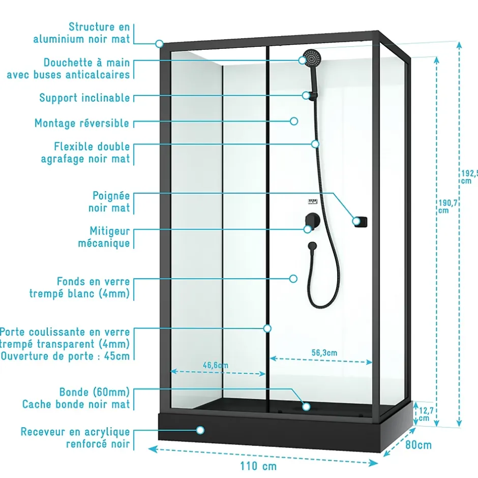 Aurlane Cabine de douche rectangulaire 110x80x197 cm - Porte coulissante - Receveur Noir Mat