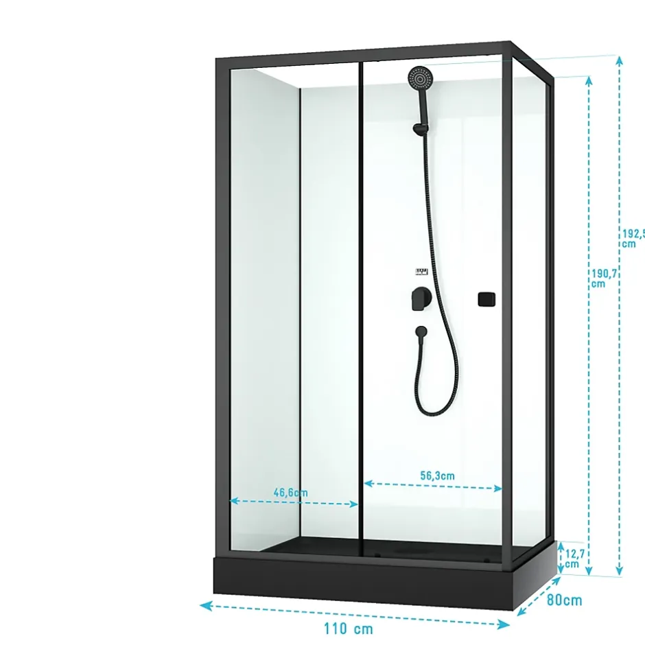 Aurlane Cabine de douche rectangulaire 110x80x197 cm - Porte coulissante - Receveur Noir Mat