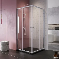 Sirhona Cabine de Douche 76x76x185cm Double Porte Coulissante + Entrée d'angle + Verre trempé 6 mm + Argent Brillant* Cabine De Douche