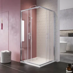 Sirhona Cabine de Douche 76x76x185cm Double Porte Coulissante + Entrée d'angle + Verre trempé 6 mm + Argent Brillant* Cabine De Douche