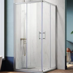 Sirhona Cabine de Douche 90x90x185cm Porte Coulissante Double + Entrée d'angle + Verre trempé 6 mm + Argent Brillant