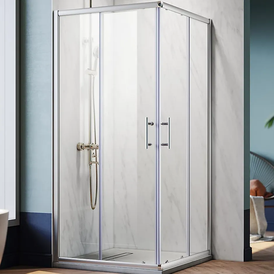 Sirhona Cabine de Douche 90x90x185cm Porte Coulissante Double + Entrée d'angle + Verre trempé 6 mm + Argent Brillant