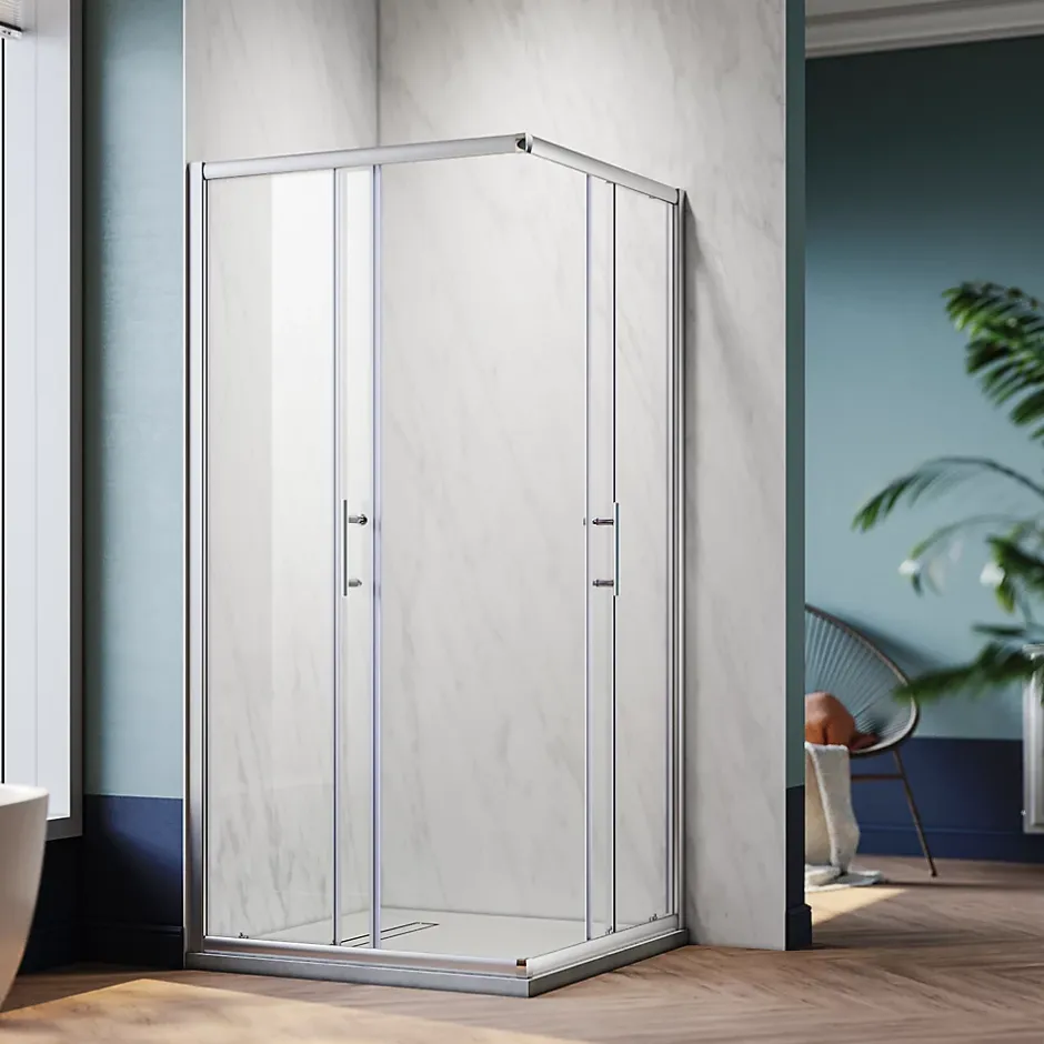 Sirhona Cabine de Douche 90x90x185cm Porte Coulissante Double + Entrée d'angle + Verre trempé 6 mm + Argent Brillant