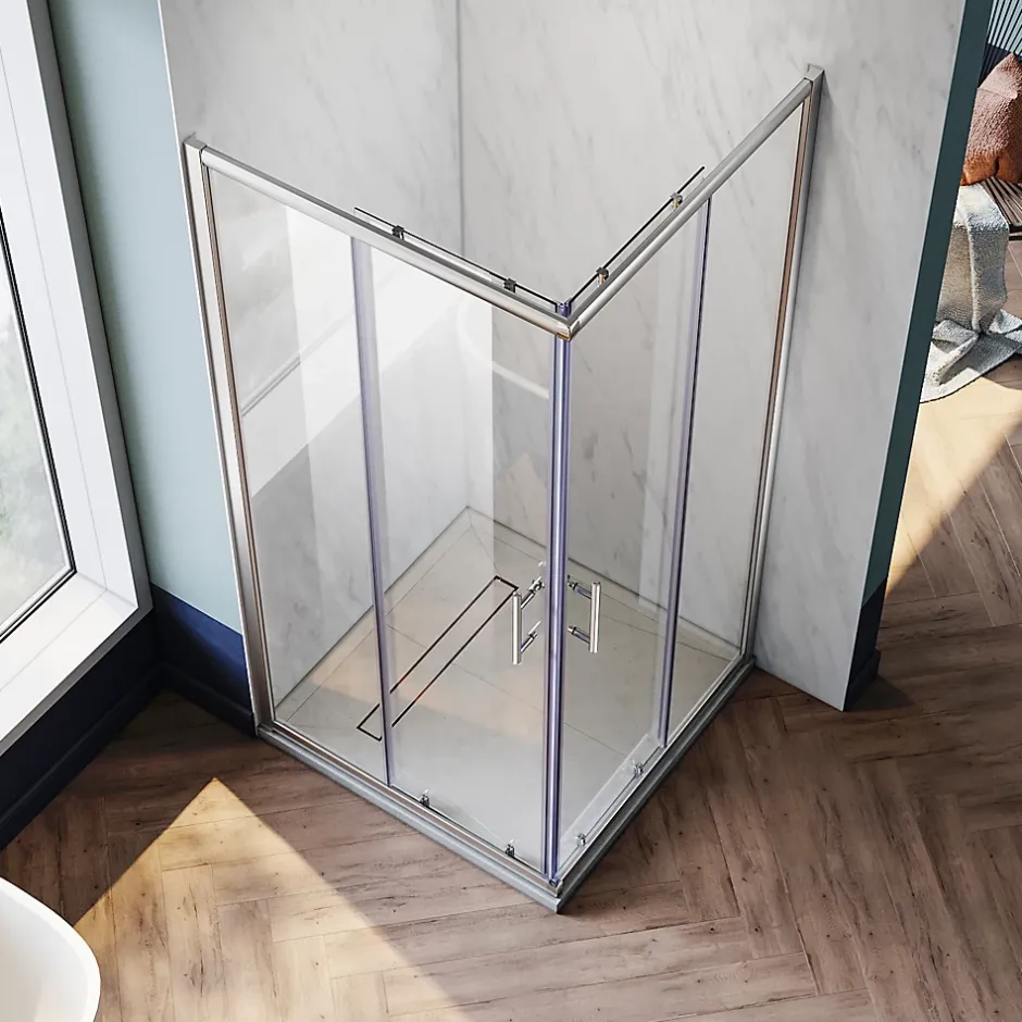 Sirhona Cabine de Douche 90x90x185cm Porte Coulissante Double + Entrée d'angle + Verre trempé 6 mm + Argent Brillant