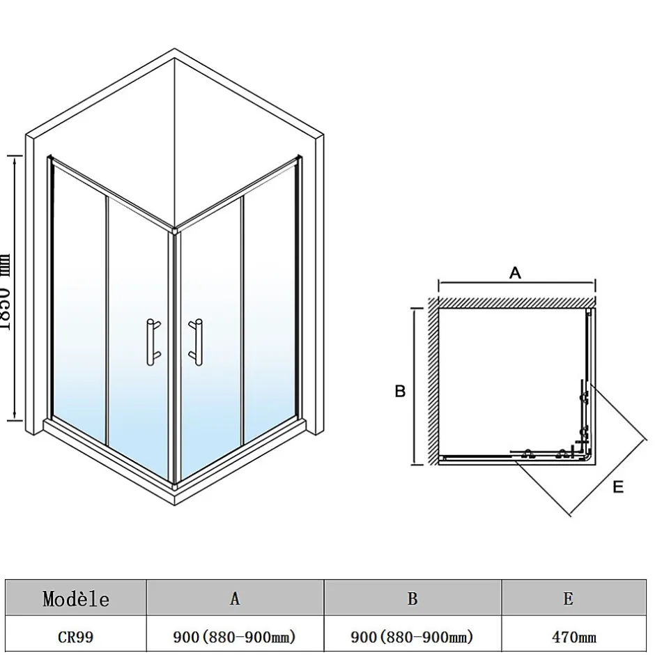 Sirhona Cabine de Douche 90x90x185cm Porte Coulissante Double + Entrée d'angle + Verre trempé 6 mm + Argent Brillant