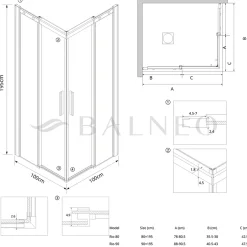 Balneo Cabine de douche 80x80 cm coulissante en 6mm verre trempé anticalcaire, profils dorés