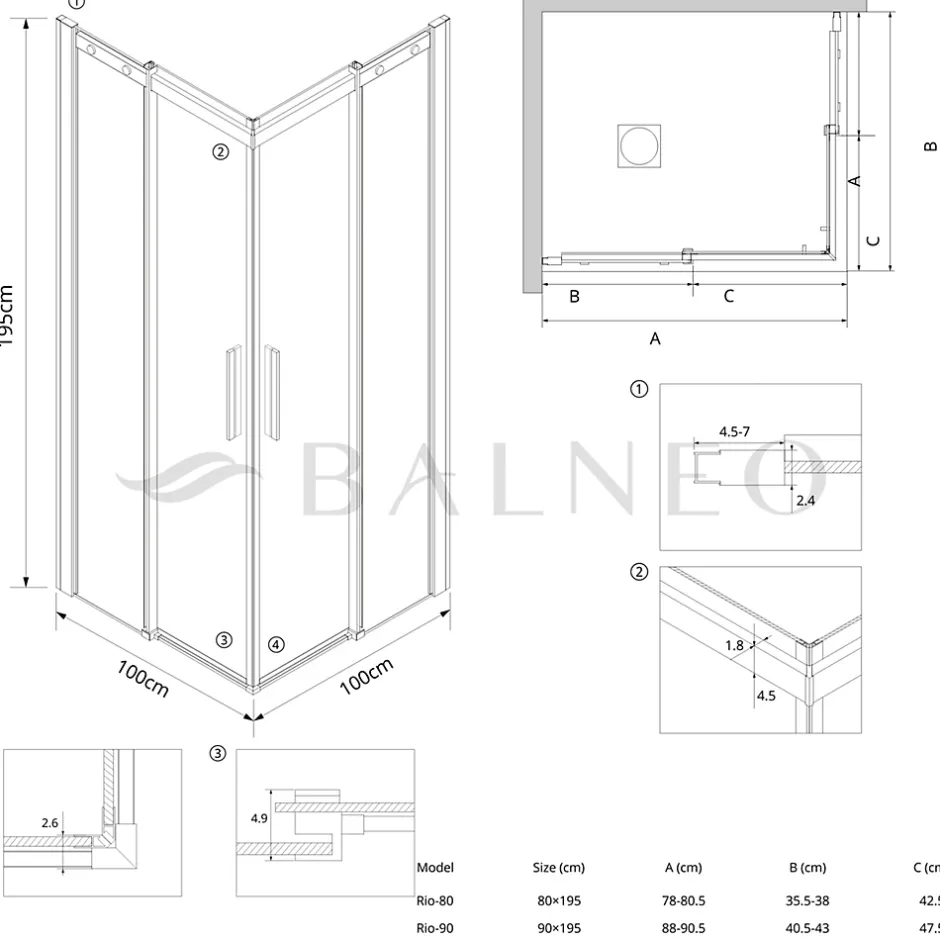 Balneo Cabine de douche 80x100 cm coulissante en 6mm verre trempé anticalcaire, profils chromés* Cabine De Douche