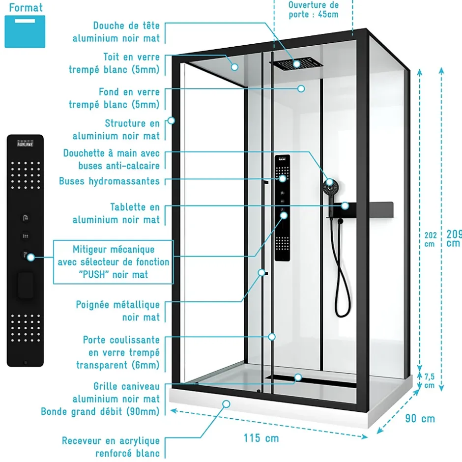 Aurlane Cabine de douche 115x90x210 cm avec receveur + bonde 90mm + Grille linéaire - FACTORY 2* Cabine De Douche