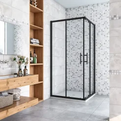 AICA Sanitaire Cabine de douche 80x80x200cm accès d'angle - Noir Mat , noire porte de douche coulissante, en 6mm verre anticalcaire,* Cabine De Douche