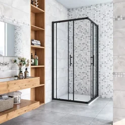 AICA Sanitaire Cabine de douche 80x80x200cm accès d'angle - Noir Mat , noire porte de douche coulissante, en 6mm verre anticalcaire,* Cabine De Douche