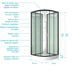 Aurlane Cabine de douche 85x85x225cm 1/4 de cercle - ZEENY