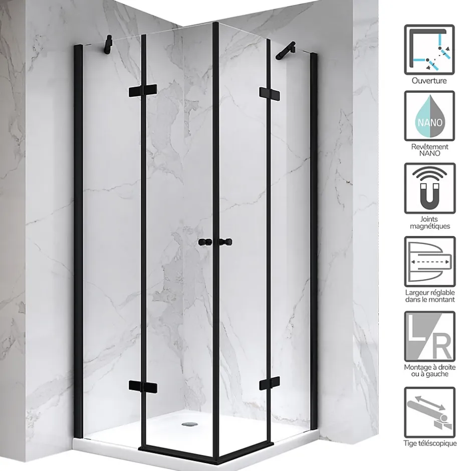 Saniverre Cabine porte de douche d'angle MAYA-BLACK H190 cm, 70 x 120 cm, verre transparent -