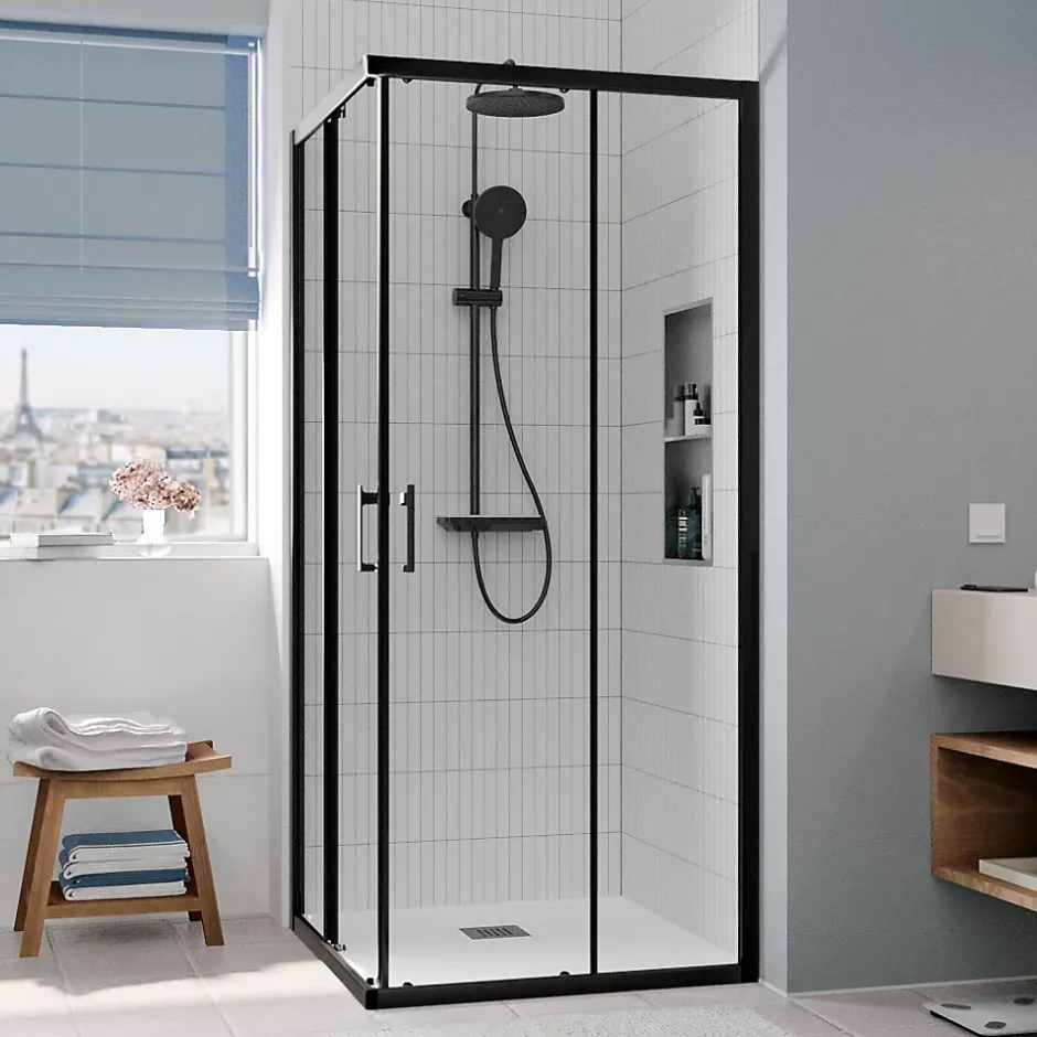 Ceramia CASCADA Porte de douche 80x80x195cm coulissante anticalcaire avec profilés Noir mat (CERAHC8080B)* Porte De Douche