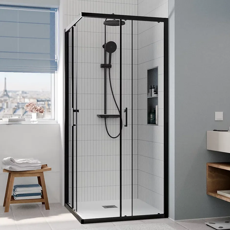 Ceramia CASCADA Porte de douche 80x80x195cm coulissante anticalcaire avec profilés Noir mat (CERAHC8080B)* Porte De Douche