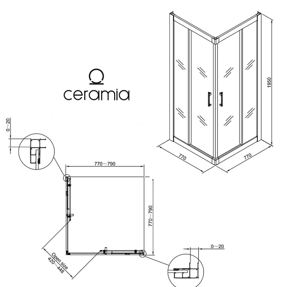 Ceramia CASCADA Porte de douche 80x80x195cm coulissante anticalcaire avec profilés Noir mat (CERAHC8080B)* Porte De Douche