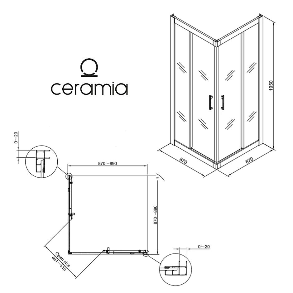 Ceramia CASCADA Porte de douche 90x90x195cm coulissante anticalcaire avec profilés chrome brillant (CERAHC9090C)
