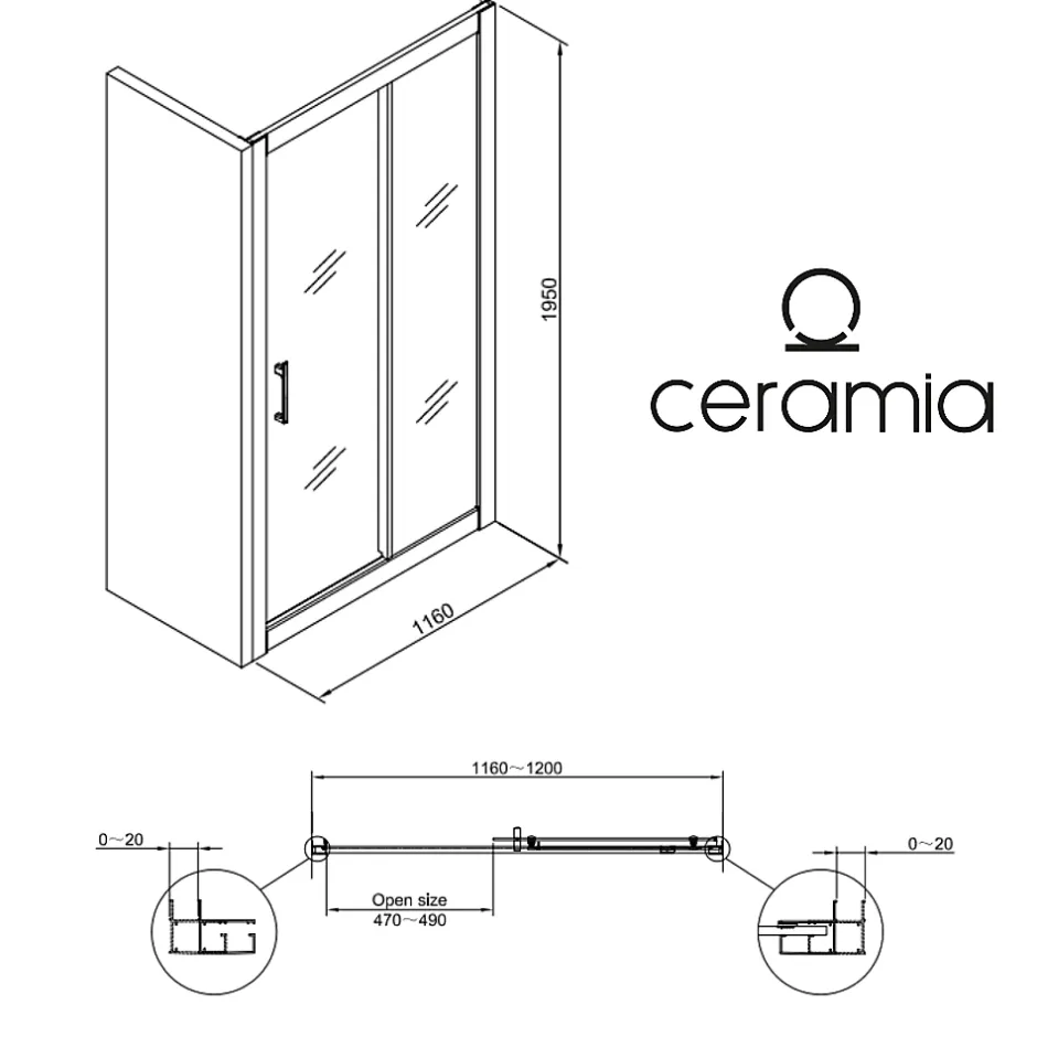 Ceramia PURA Porte de douche 120x195cm coulissante anticalcaire avec profilés Chrome brillant (CERAHP120C)* Porte De Douche