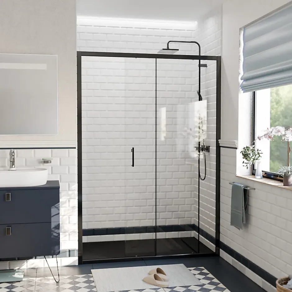 Ceramia PURA Porte de douche 140x195cm coulissante anticalcaire avec profilés Noir mat (CERAHP140B)* Porte De Douche