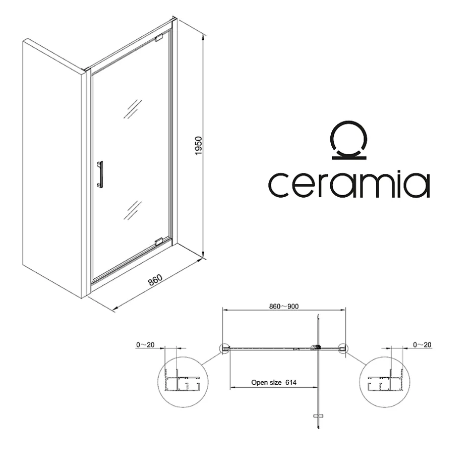 Ceramia Zenith Porte de douche 90x195cm pivotante anticalcaire avec profilés Noir mat (CERAHZ90B)