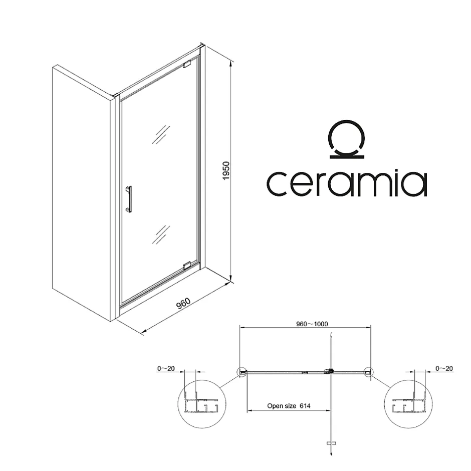 Ceramia Zenith Porte de douche 100x195cm pivotante anticalcaire avec profilés Chrome brillant (CERAHZ100C)* Porte De Douche