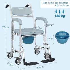 Homcom Chaise percée médicale à roulettes - repose-pieds, dossier, accoudoirs, pot amovible, support papier - alu blanc HDPE gris* Siège De Douche