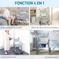 Homcom Chaise percée médicale à roulettes - repose-pieds, dossier, accoudoirs, pot amovible, support papier - alu blanc HDPE gris* Siège De Douche