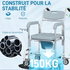 Homcom Chaise percée médicale à roulettes - repose-pieds, dossier, accoudoirs, pot amovible, support papier - alu blanc HDPE gris* Siège De Douche
