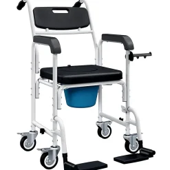 Homcom Chaise percée médicale à roulettes - repose-pieds, dossier, accoudoirs, pot amovible, support papier - alu blanc HDPE noir